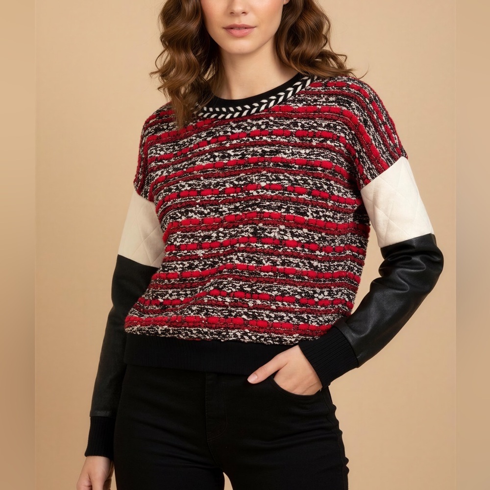 MILLY Lux Red White & Black Knitted Crop Sweater Leather B&W Color Block Sleeves
